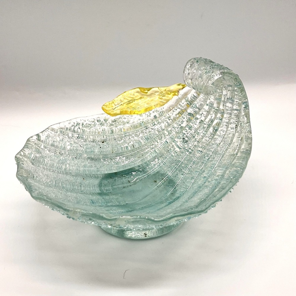Vintage Studio Art Overshot Glass Shell Bowl Aqua Seafoam Blue Yellow Accent